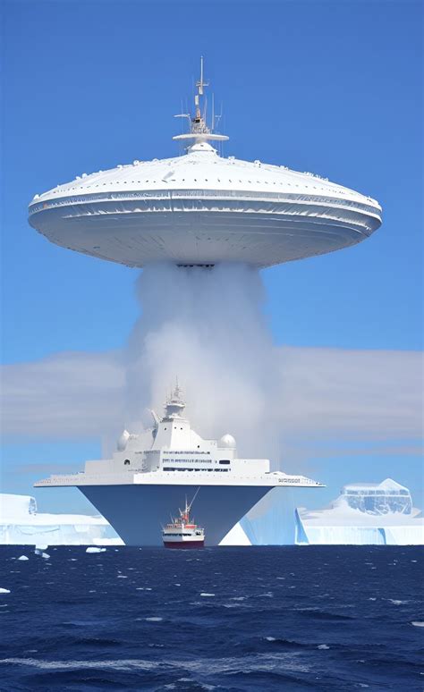 A Large White Ship In The Ocean With A Giant Object Above It S Head