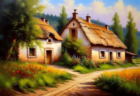 Premium Photo | Oil paintings landscape house in the village old ...