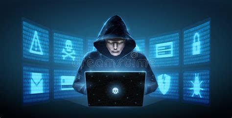 Hacker Cyber Criminal With Laptop And Related Icons Behind It Stock