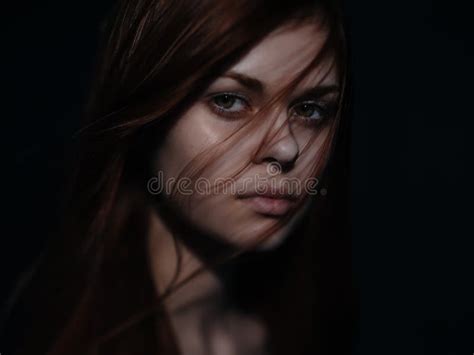 Pretty Red Haired Woman Naked Shoulders Posing Close Up Dark Background