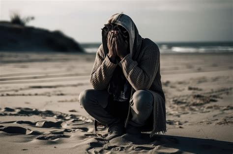 Premium Ai Image Man Sitting On Beach With His Head Down And Hands Covering His Face Appearing