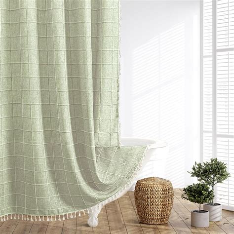 Sage Green Boho Farmhouse Shower Curtain Linen Modern Chic Bathroom Shower Curtain Set Premium