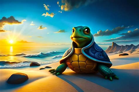 Premium Ai Image Turtle On The Beach At Sunset