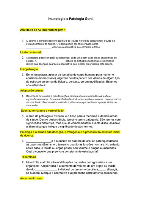 Imunologia E Patologia Geral Atividade De Auto Aprendizagem