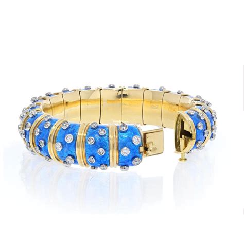 Tiffany And Co Schlumberger 18k Yellow Gold Blue Enamel Diamond Bangle