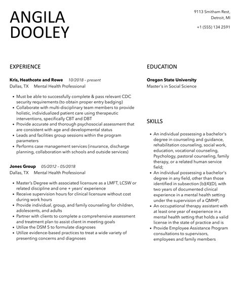 Mental Health Professional Resume Samples Velvet Jobs