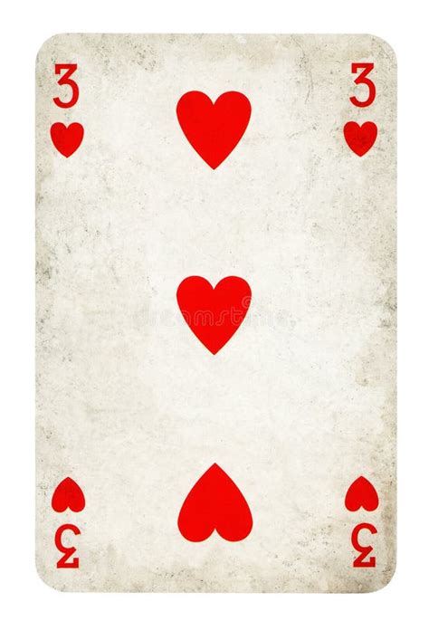 Three Of Hearts Vintage Playing Card Isolated On White Stock Photo