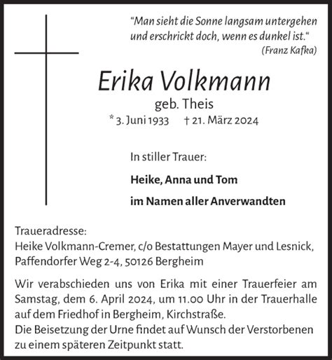 Traueranzeigen Von Erika Volkmann Wirtrauern