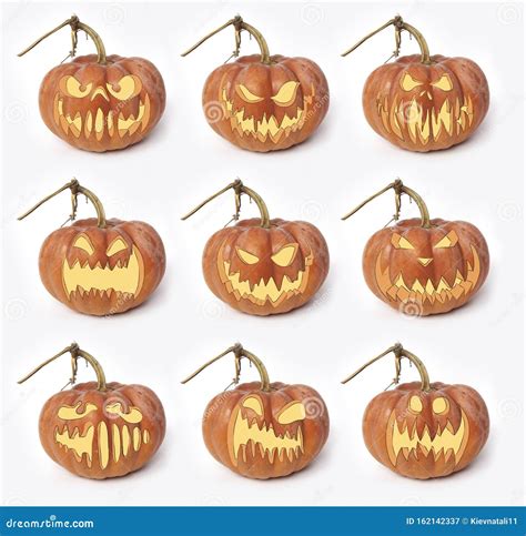 Conjunto De Calabazas Sobre Un Fondo Blanco Fotos De Halloween Con Cara