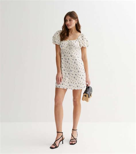 White Ditsy Floral Puff Sleeve Mini Dress New Look