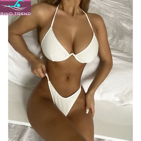 Sino Trend Underwire Bikini Set Women Halter Ribbed V Shaped High Cut