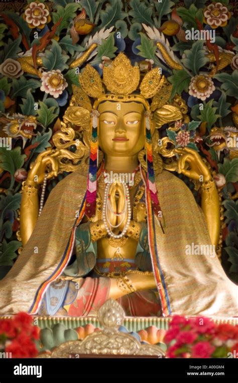 Golden Statue Of Bodhisattva Avalokiteshvara Or Chenresig In Royal