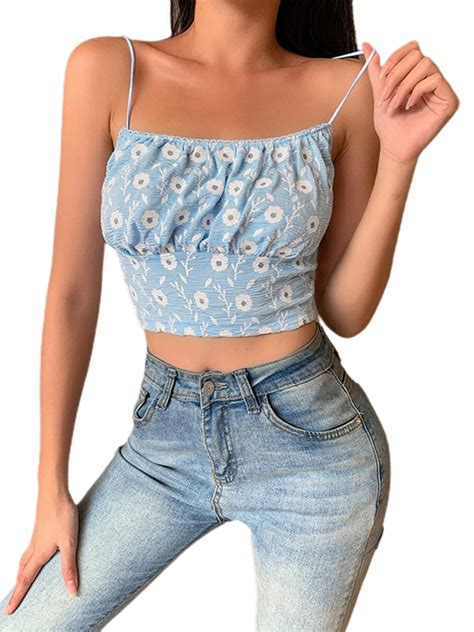 Womens Cute Crop Cami Top Sexy Spaghetti Strap Sleeveless Floral