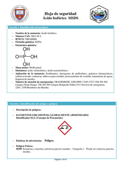 Ácido fosfórico EQ1 Msds Hoja de seguridad Hoja de seguridad Ácido