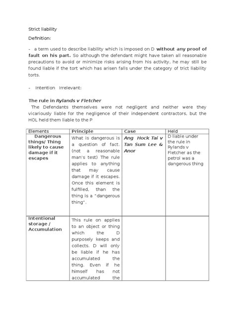 Strict Liability Table Pdf Strict Liability Negligence