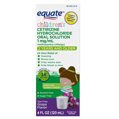 Equate Childrens Allergy Cetirizine Suspension Grape 4 Oz Sugar