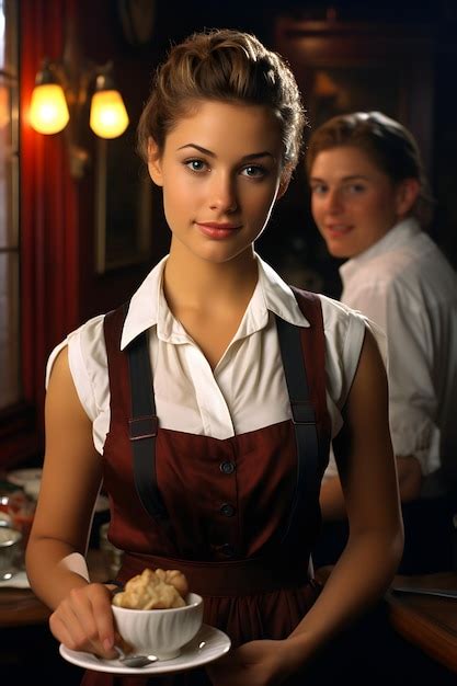 Premium Photo Woman In A Red Apron Holding A Plate Of Food In A