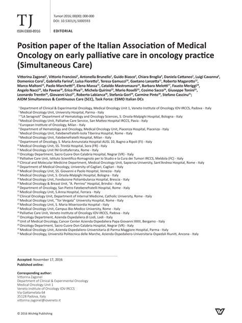 Pdf Position Paper Of The Italian Association Of Medical Oncology On