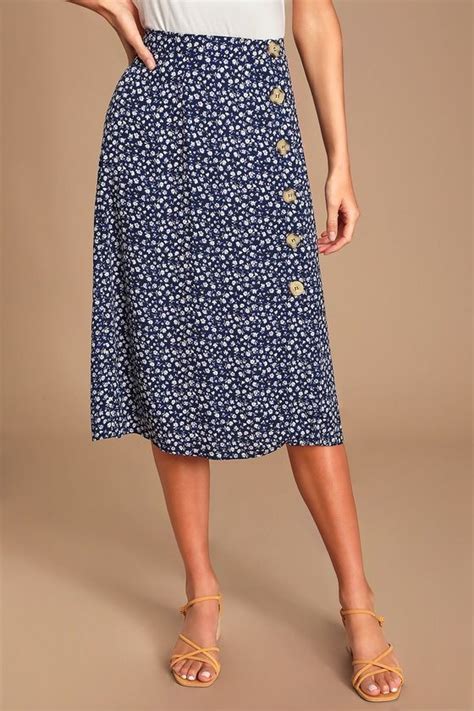 Rosemary Navy Blue Floral Print Button Front Midi Skirt Midi Skirt Dressy Attire Chic Skirts