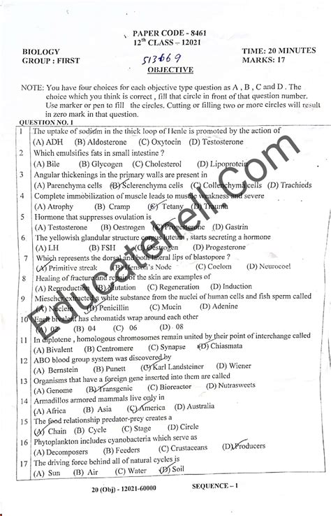 12th Class Biology Guess Paper For All Boards Setapk