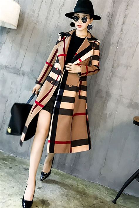 Women Color Block Plaid Trench Coat With Belt Fashion Clothes Women