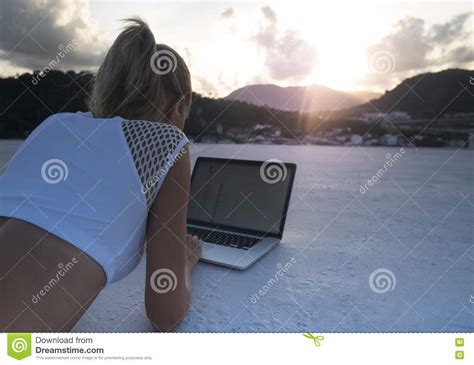 Pretty Blonde Woman With Laptop Computer On A Rooftop Stock Image Image Of Freelancer Person