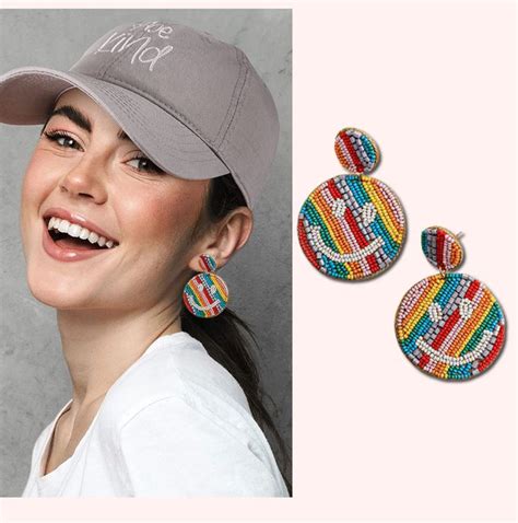 a woman wearing earrings and a baseball cap next to an image of the ...