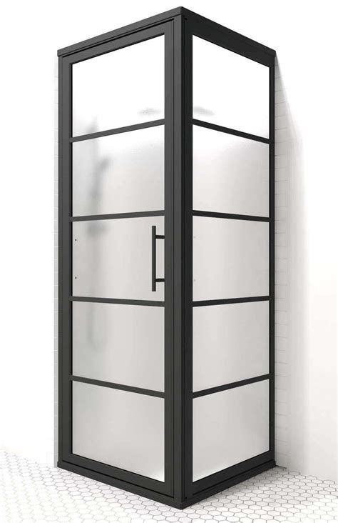 Gridscape Gs2 2 Panel Corner Shower Door In Black With Satindeco Frost Divided Style