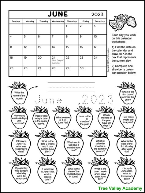 Calendar Worksheet For June 2023 Tree Valley Academy