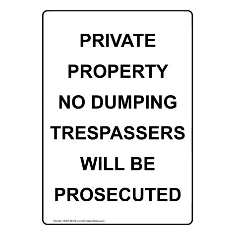 White Vertical Sign Private Property No Dumping Trespassers