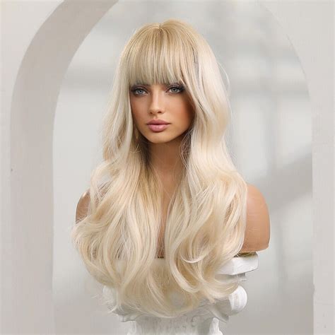 Long Wavy Platinum Blonde With Bangs For Natural Heat Etsy