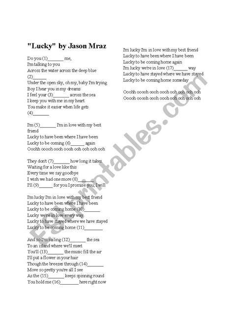 English Worksheets Jason Mraz Lucky