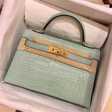 Hermes Kelly Mini Sellier Vert D Eau Alligator Mat Matte Gold