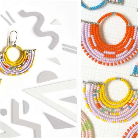 Colorful Geometric Beaded Fan Earrings With Yellow And Etsy