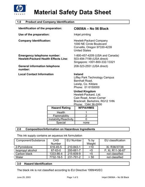 Inkjet Printer Cartridge Material Safety Data Sheet My Supply Chain