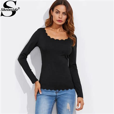 Sheinside Black Scalloped Fitting Tee Women Scoop Neck Long Sleeve