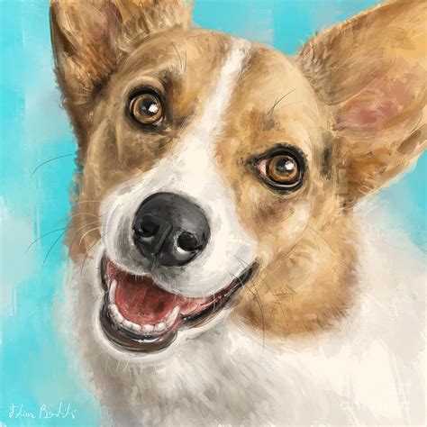 Painting Of A Happy Adorable Corgi Dog On Blue Background Digital Art