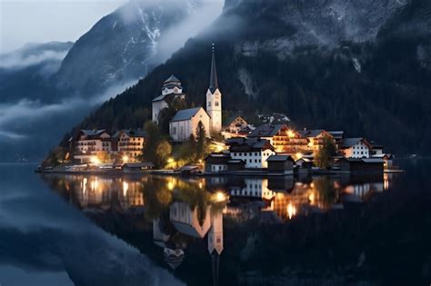 Premium Photo | Hallstatt village on the lake shore at sunrise austria