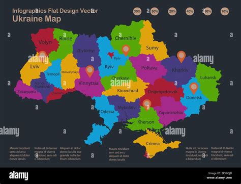 Infographics Ukraine Map Flat Design Colors With Names Of Individual Regions Blue Background