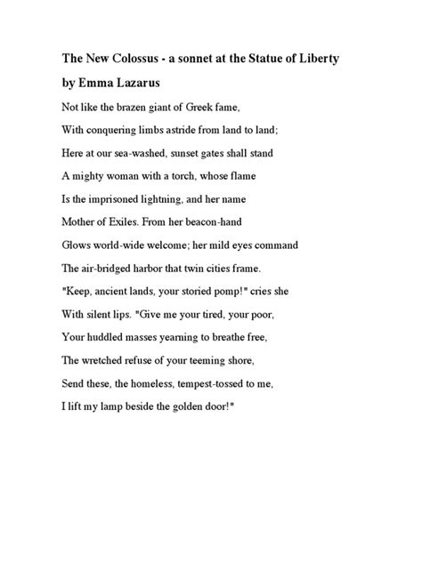 The New Colossus by Emma Lazarus | PDF | Poetic Form | Stanzaic Form