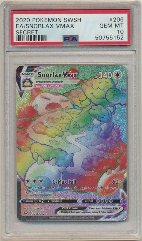 Snorlax Vmax PSA 10 Pokemon Sword Shield 206 202 Secret Rainbow Rare