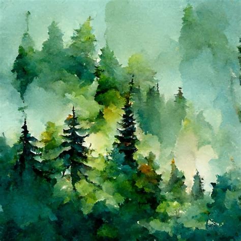 Premium Vector Green Coniferous Forest In Mountains Watercolor