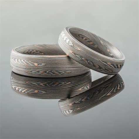 Unique Mokume Gane Wedding Band Set Or Rings In Embers Palette And Flow