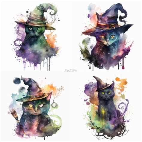 Witchy Cat Clipart Watercolor Witch Cat Sublimation Witch Cat Png