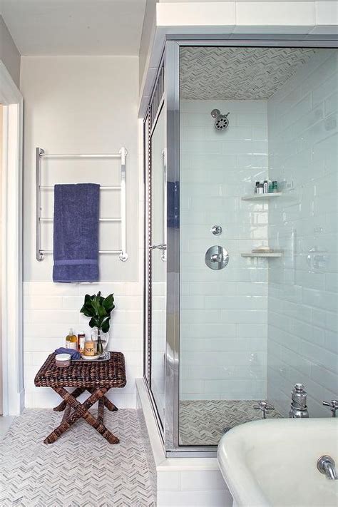 Gray Marble Chevron Tiles On Shower Ceiling And Floor Transitional