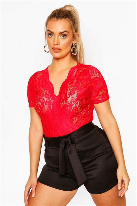 Plus Lace Wrap Short Sleeve Bodysuit Spring Outfits Short Sleeve