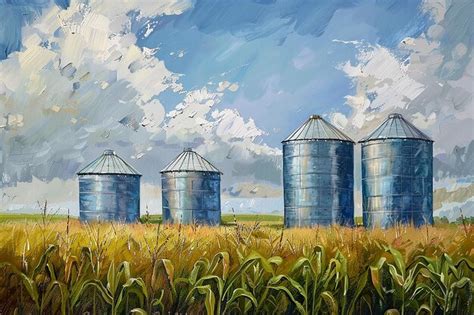 Four Silver Silos In Corn Field Premium Ai Generated Image