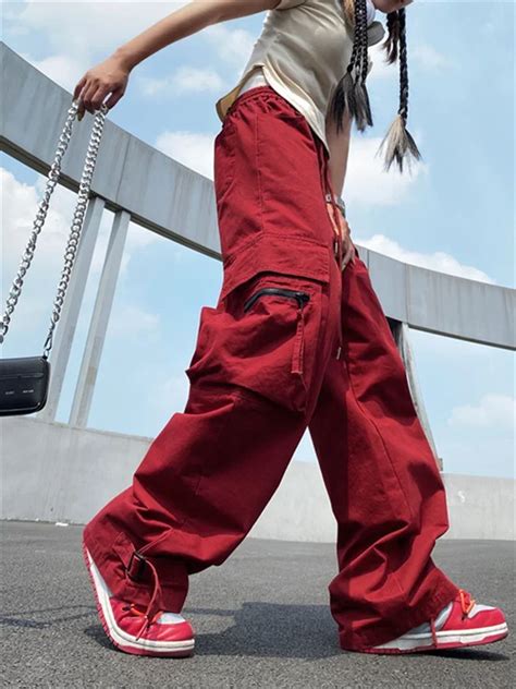 Qweek Harajuku Streetwear Red Cargo Pants Women Hip Hop Oversized High