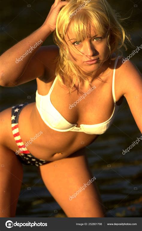 Red White Blue Skimpy Bikini Playboy Model Mindy Ross Stock Photo Raykehoe