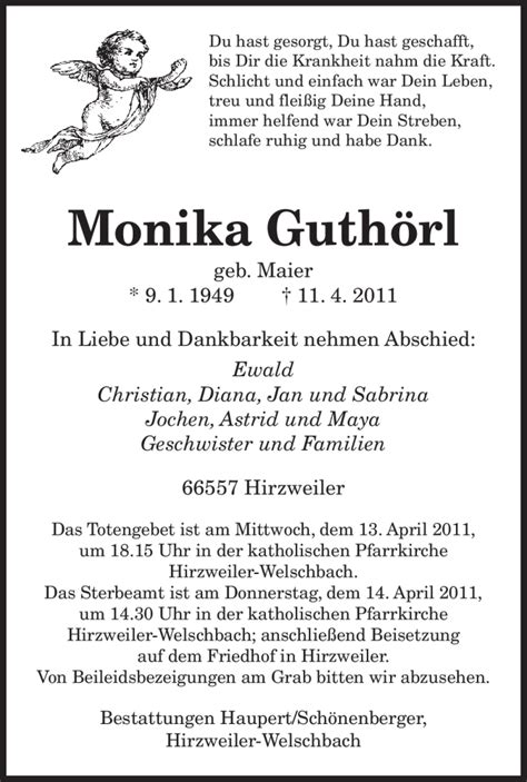 Traueranzeigen Von Monika Guth Rl Saarbruecker Zeitung Trauer De